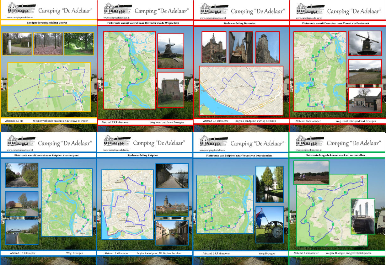 Voorkanten van de wandel- en fietsroutes voor camping De Adelaar