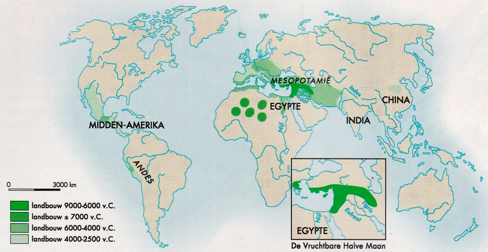 Wereldkaart landbouwgebieden prehistorie Wereldkaart met gebieden waar mensen in de prehistorie (9000-2500 v. Chr.) voor het eerst aan landbouw gingen doen