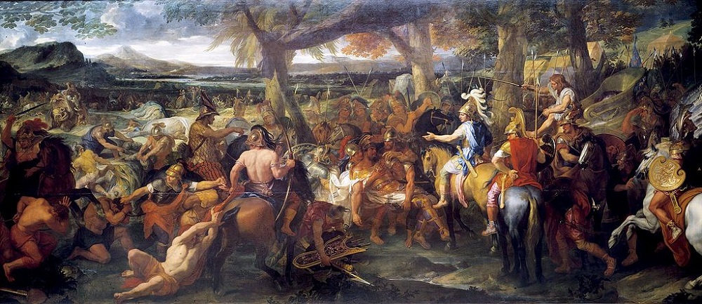 Schilderij door Charles Le Brun uit 1673. Na de Slag bij de Hydaspes in 326 v. Chr. verschijnt de verslagen Porus voor Alexander de Grote