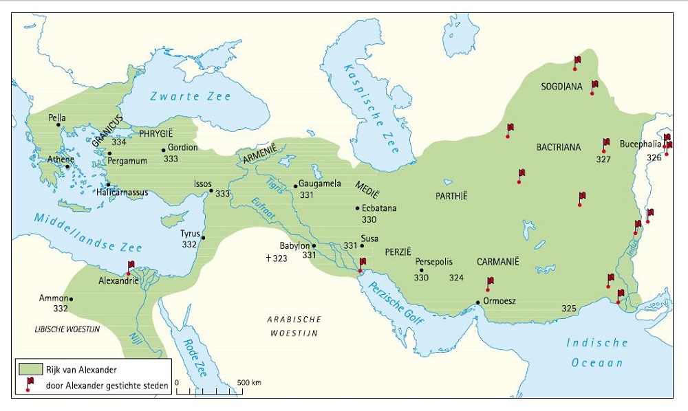 Een kaart met het Rijk van Alexander de Grote, gestichte steden en jaartallen